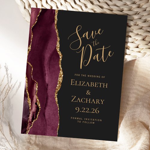 Modern Agate Burgundy Gold Dark Save the Date Announcement Postcard