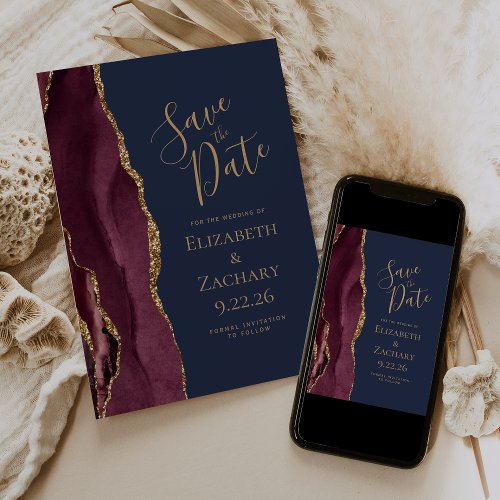 Modern Agate Burgundy Gold Navy Blue Save the Date Announcement
