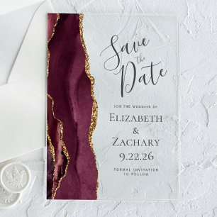 Modern Agate Burgundy Gold Save the Date Card