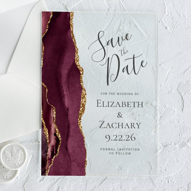 Modern Agate Burgundy Gold Save the Date Card Acrylic Invitations (Creator Uploaded)