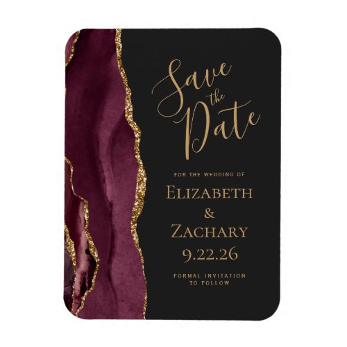 Modern Agate Burgundy Gold Save the Date Magnet