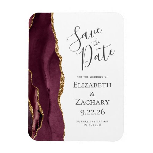 Modern Agate Burgundy Gold Save the Date Magnet