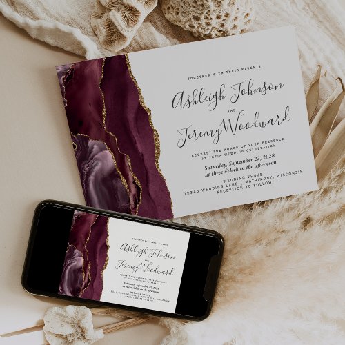 Modern Agate Burgundy Gold Wedding Invitation