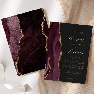 Modern Agate Burgundy Red Gold Dark Wedding Foil Invitation