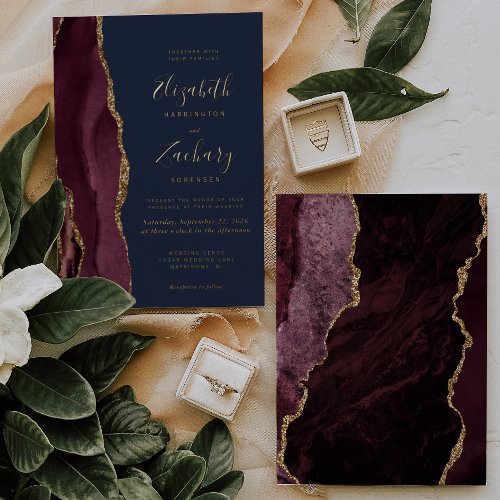 Modern Agate Burgundy Red Gold Navy Wedding Foil Invitation