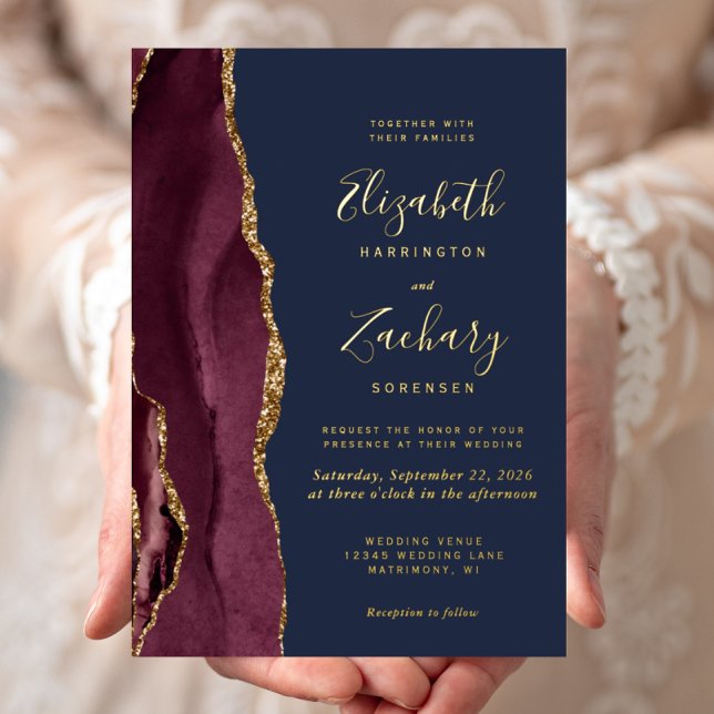 Modern Agate Burgundy Red Gold Navy Wedding Foil Invitation (Creator Uploaded)