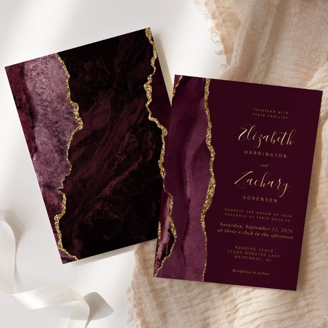 Modern Agate Burgundy Red Gold Wedding Foil Invitation (Creator Uploaded)