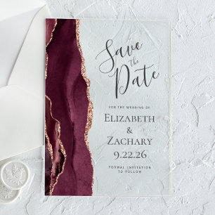 Modern Agate Burgundy Rose Gold Save the Date Card