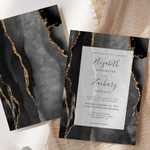 Modern Agate Frame Black Gold Wedding Invitation
