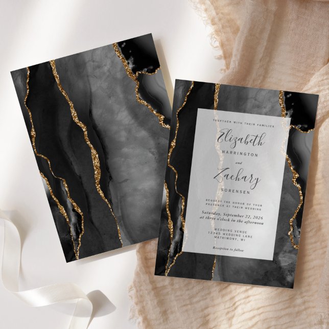 Modern Agate Frame Black Gold Wedding Invitation (Creator Uploaded)