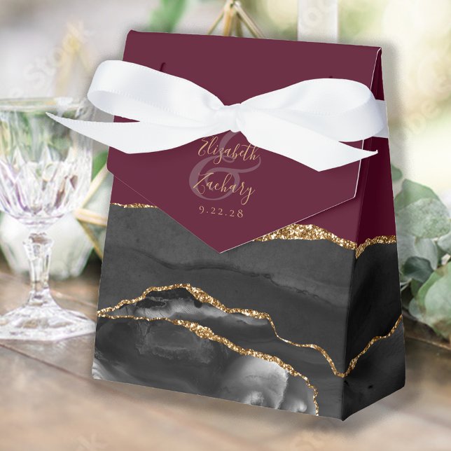 Modern Agate Geode Black Gold Burgundy Favor Boxes (Creator Uploaded)