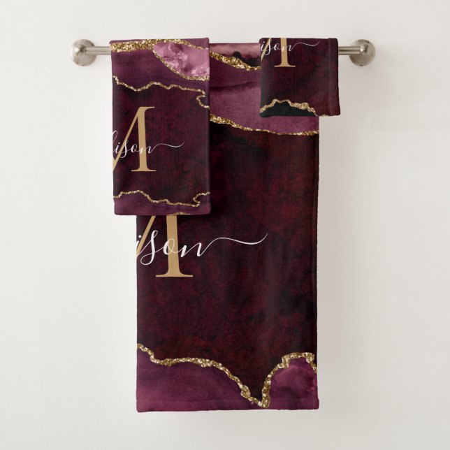 Modern Agate Geode Burgundy Gold Monogram Script Bath Towel Set (Insitu)