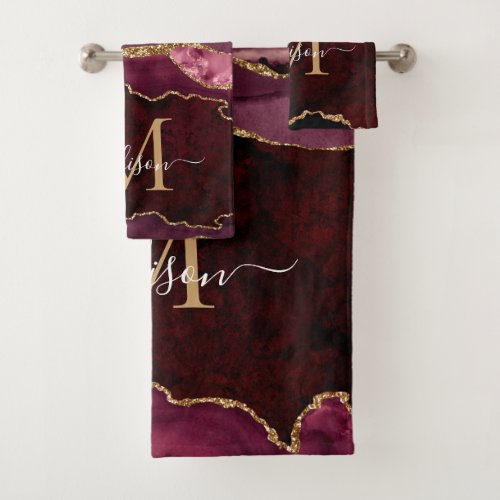 Modern Agate Geode Burgundy Gold Monogram Script Bath Towel Set