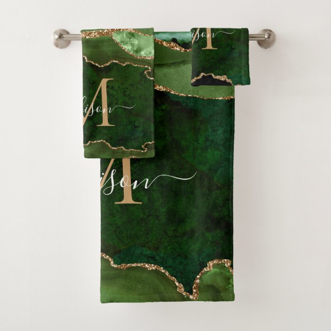 Modern Agate Geode Green Gold Monogram Script Bath Towel Set (Insitu)