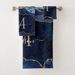 Modern Agate Geode Navy Blue Gold Monogram Script Bath Towel Set