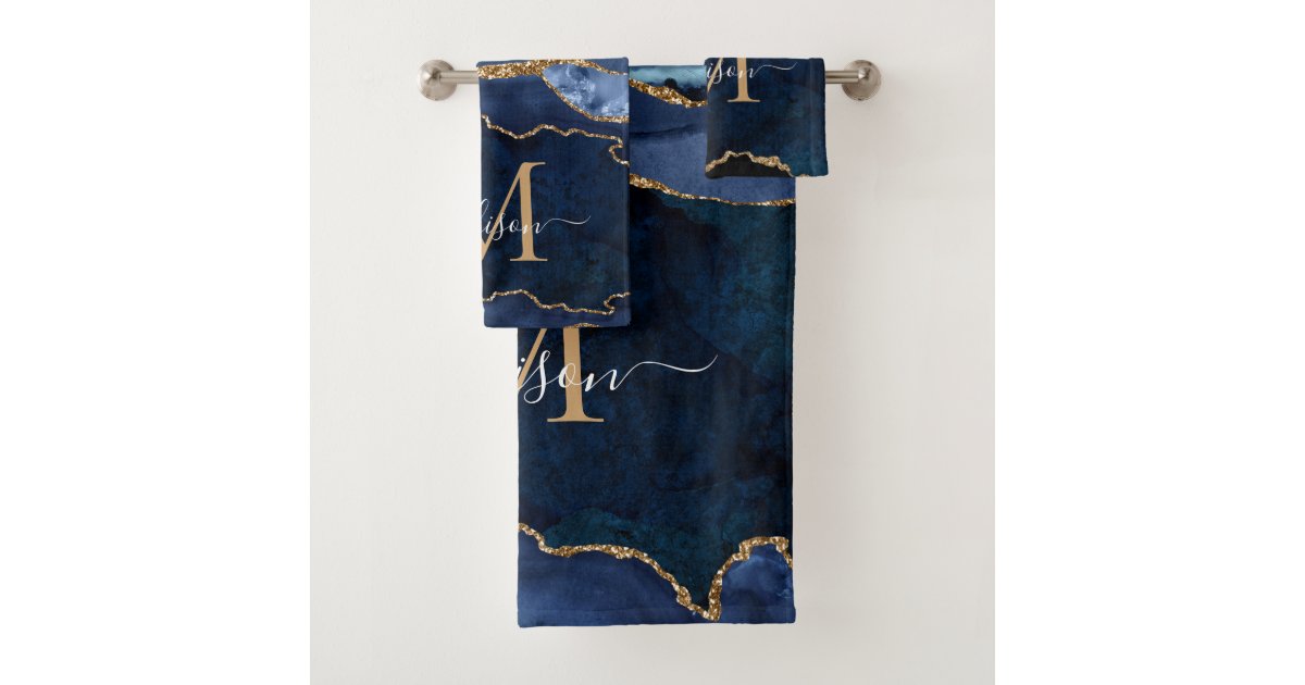 Modern Agate Geode Navy Blue Gold Monogram Script Bath Towel Set Zazzle