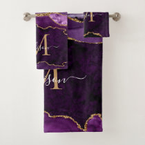 Modern Agate Geode Purple Gold Monogram Script Bath Towel Set