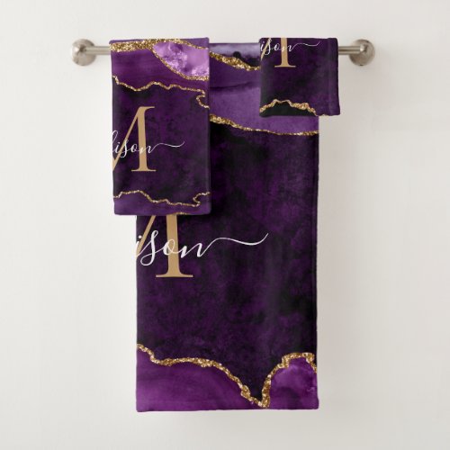 Modern Agate Geode Purple Gold Monogram Script Bath Towel Set