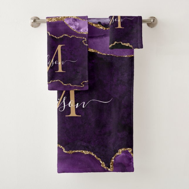 Modern Agate Geode Purple Gold Monogram Script Bath Towel Set (Insitu)