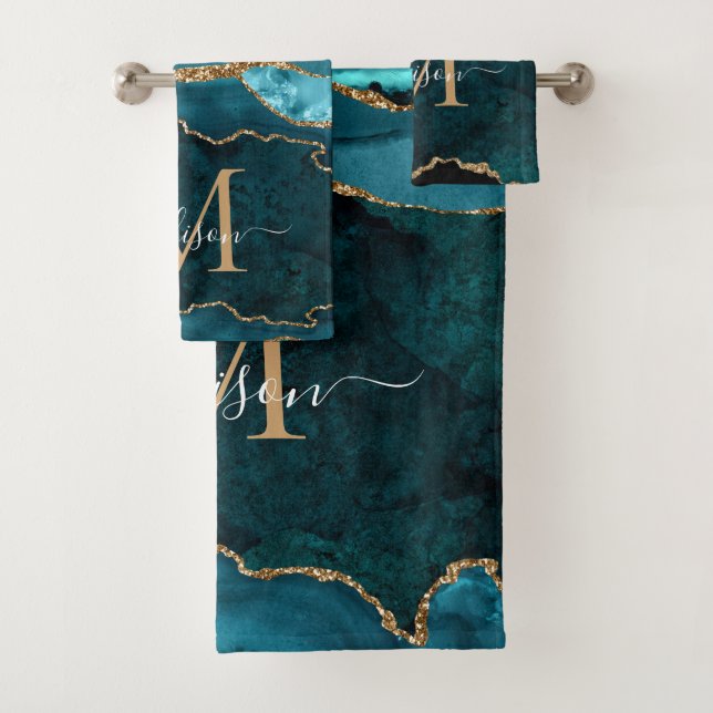 Modern Agate Geode Teal Green Gold Monogram Script Bath Towel Set (Insitu)