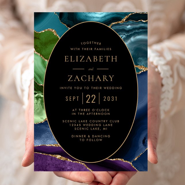 Modern Agate Gold Oval Frame Wedding Invitation (Creator Uploaded)