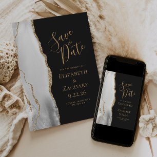 Modern Agate Gray White Gold Dark Save the Date Announcement