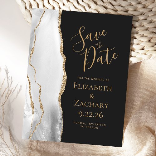 Modern Agate Gray White Gold Dark Save the Date Announcement Postcard