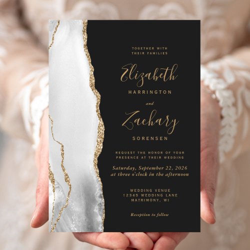 Modern Agate Gray White Gold Dark  Wedding Invitation