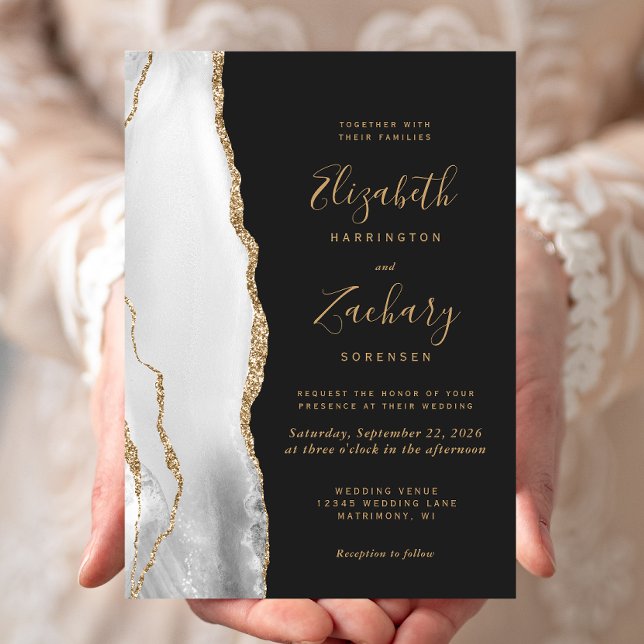 Modern Agate Gray White Gold Dark  Wedding Invitation (Creator Uploaded)