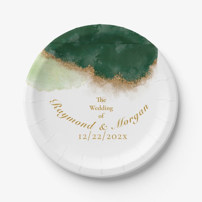 Modern Agate Green & Gold Wedding  Paper Plates (Front)