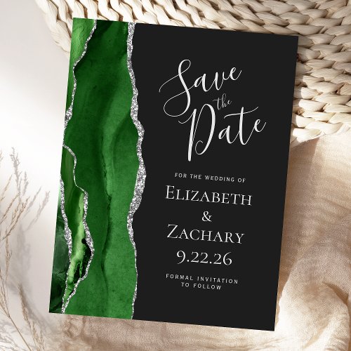 Modern Agate Green Silver Dark Save the Date Announcement Postcard