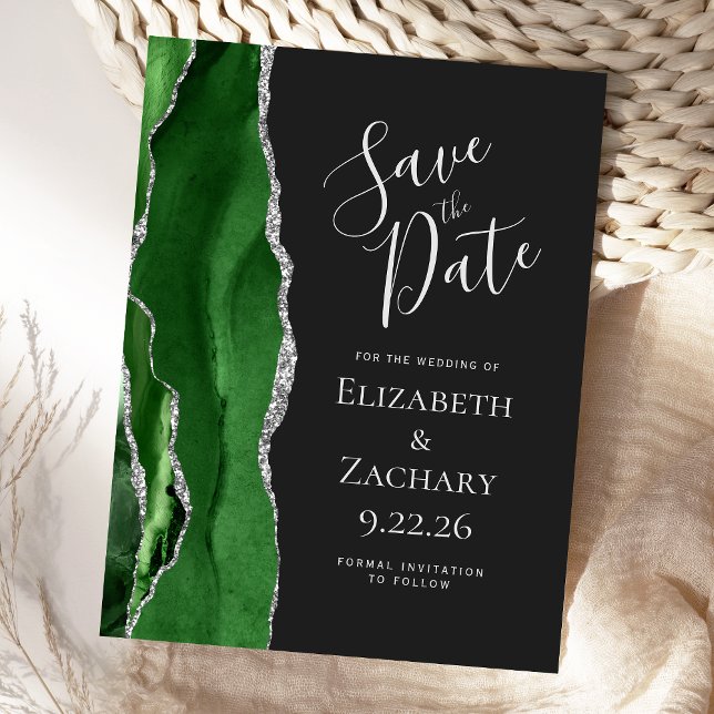 Modern Agate Green Silver Dark Save the Date Announcement Postcard (Creator Uploaded)