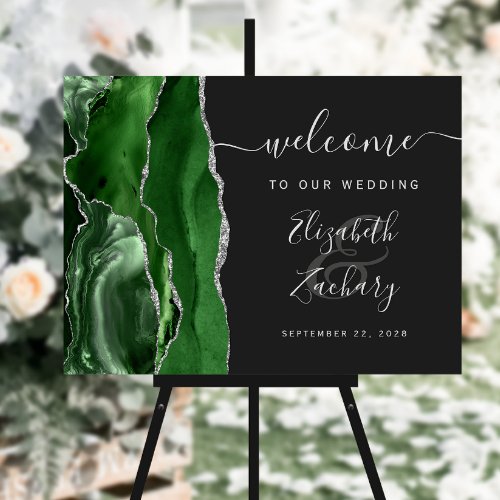 Modern Agate Green Silver Dark Wedding Welcome Foam Board