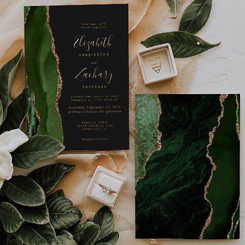 Modern Agate Hunter Green Gold Dark Wedding Foil Invitation