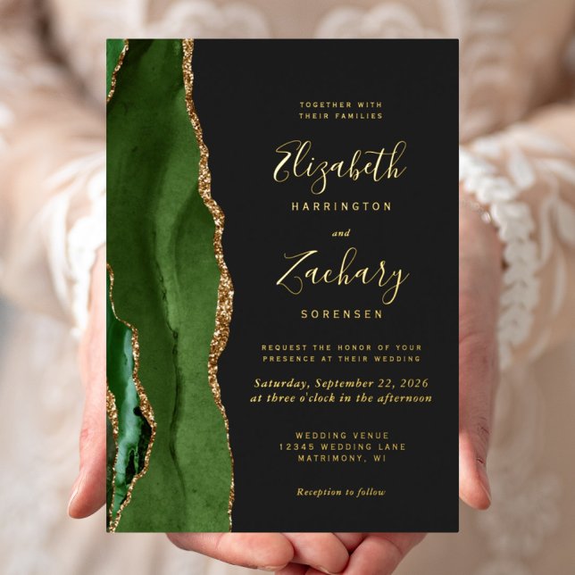 Modern Agate Hunter Green Gold Dark Wedding Foil Invitation (Creator Uploaded)