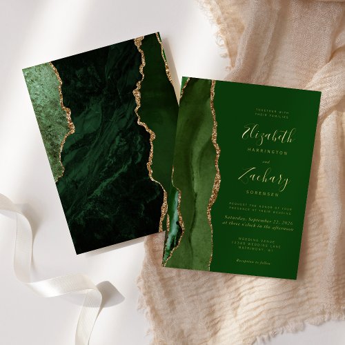 Modern Agate Hunter Green Gold Wedding Foil Invitation