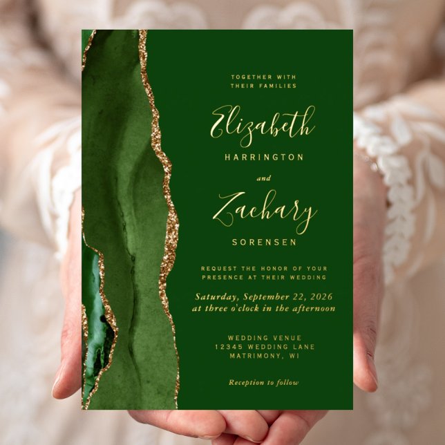 Modern Agate Hunter Green Gold Wedding Foil Invitation (Creator Uploaded)