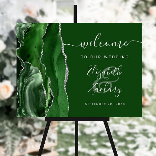 Modern Agate Hunter Green Silver Wedding Welcome Foam Board
