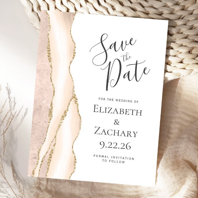 Modern Agate Ivory Gold Save the Date Announcement Postcard (Creator Uploaded)