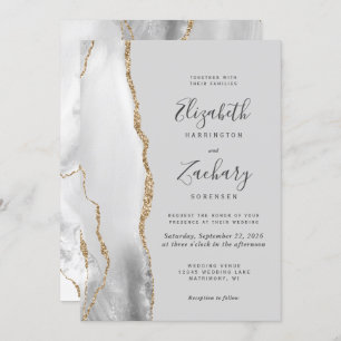 Modern Agate Light Gray Gold Wedding Invitation