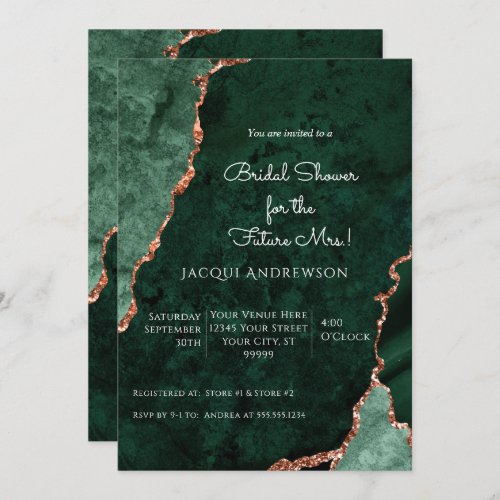 Modern Agate Mint Forest Green Rose Gold Bridal Invitation