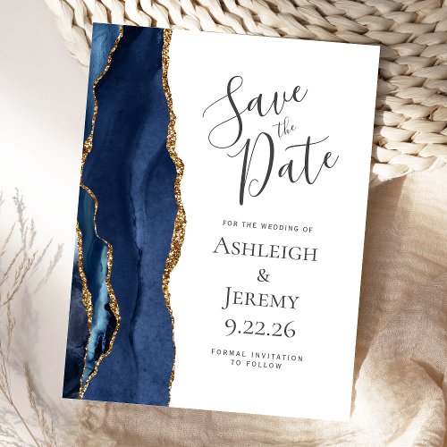 Modern Agate Navy Blue Gold Blank Save the Date Postcard