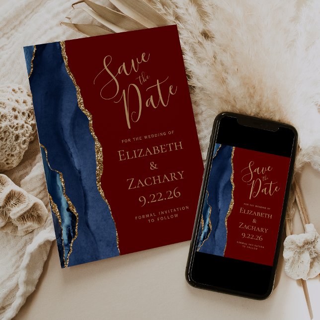 Modern Agate Navy Blue Gold Burgundy Save the Date Invitation (Creator Uploaded)