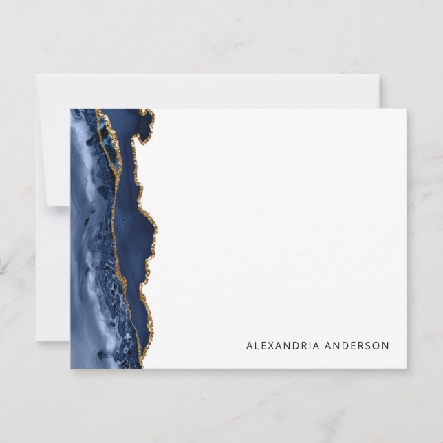 Modern Agate Navy Blue Gold Glitter Marble Geode Note Card (Front)