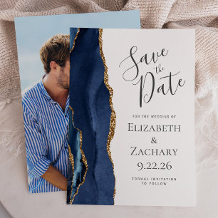 Modern Agate Navy Blue Gold Photo Save the Date Invitation