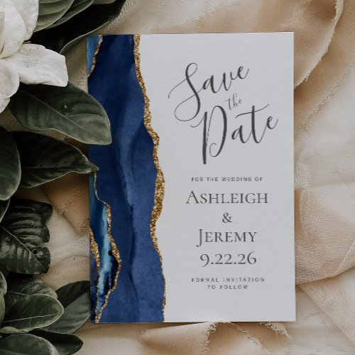 Modern Agate Navy Blue Gold Save the Date