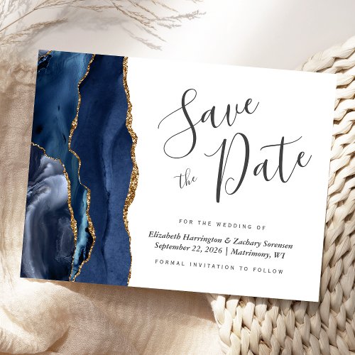 Modern Agate Navy Blue Gold Save the Date Announcement Postcard