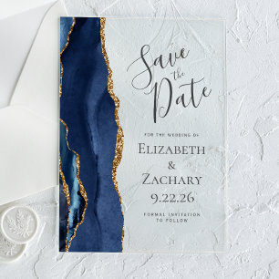 Modern Agate Navy Blue Gold Save the Date Card