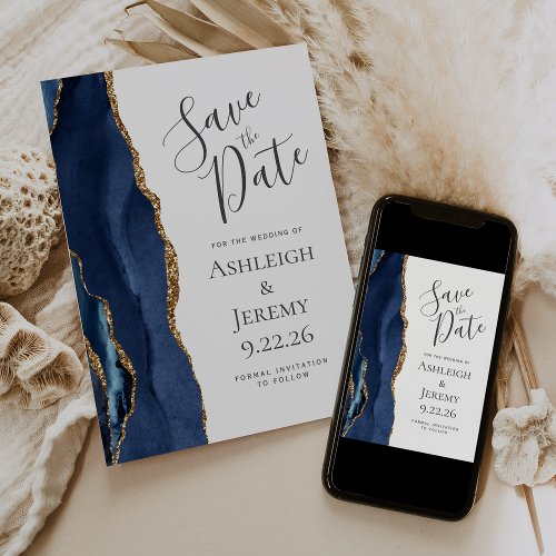 Modern Agate Navy Blue Gold Save the Date Card