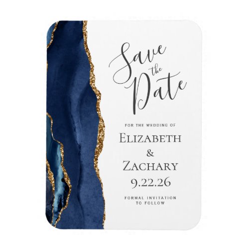 Modern Agate Navy Blue Gold Save the Date Magnet